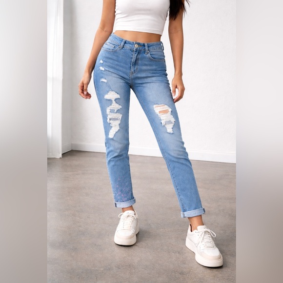 Indigo Rein Denim - Indigo Rein Light Blue Distressed Mom Jeans